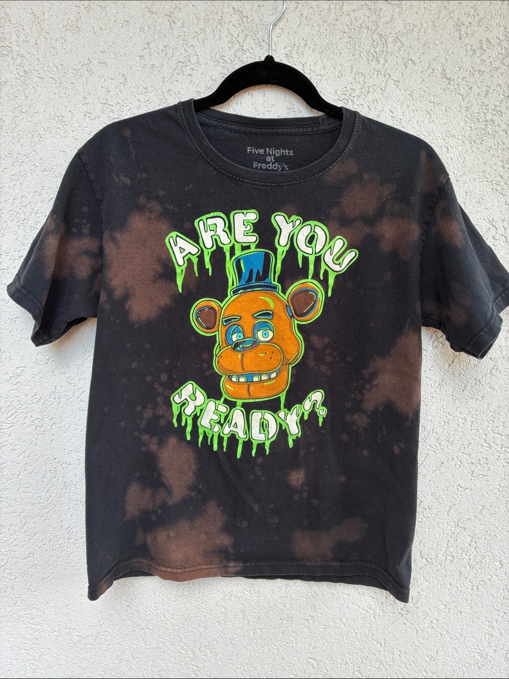 Five Nights at Freddy’s “Are You Ready?'” Black with bleach splatter